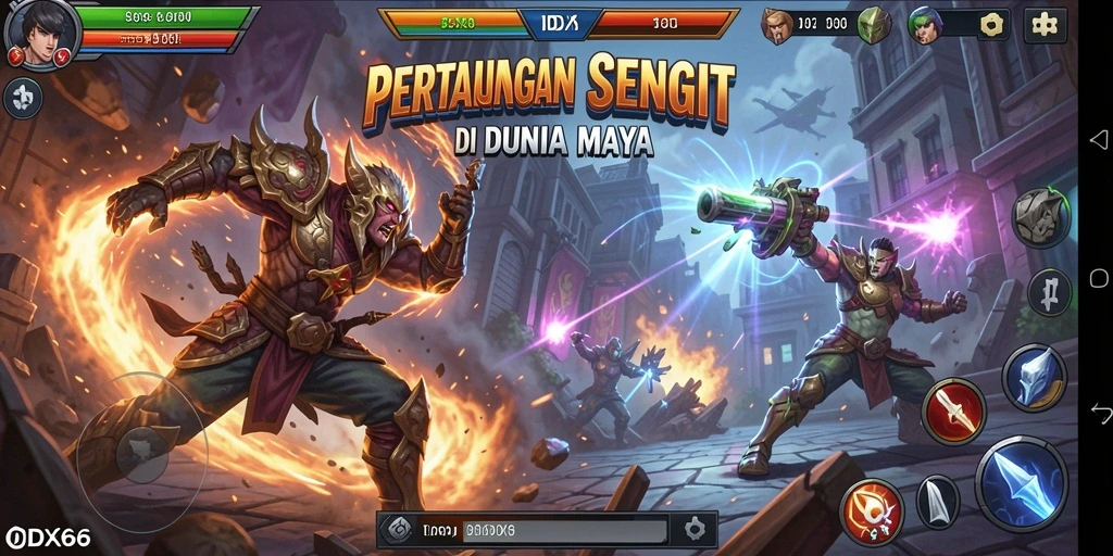 Screenshot gameplay <strong>IDX66</strong> menampilkan pertarungan karakter dalam aksi dramatis.