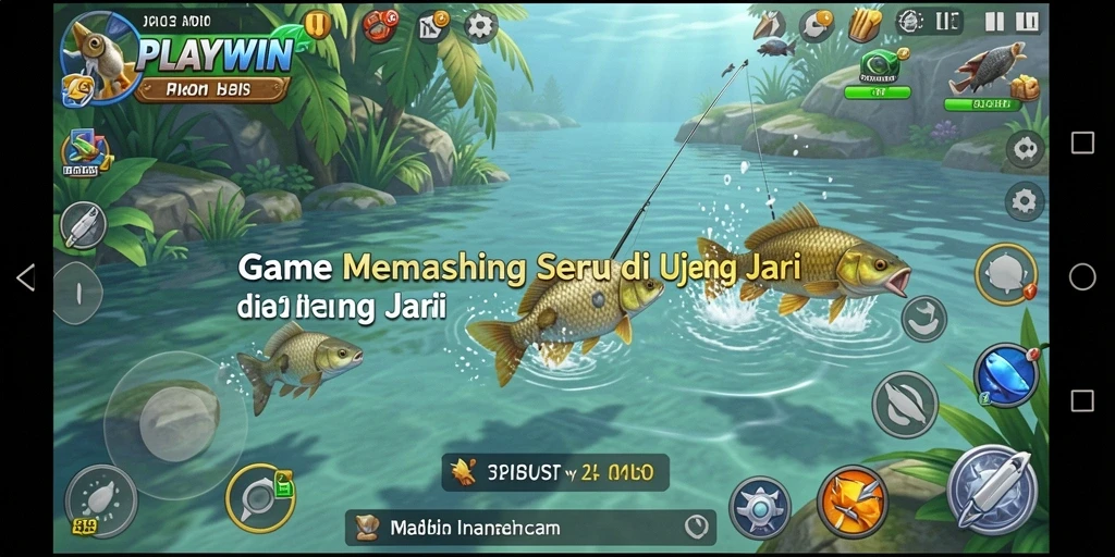 Screenshot gameplay dari <strong>PLAYWIN</strong> menampilkan momen menangkap ikan dengan grafis menawan.