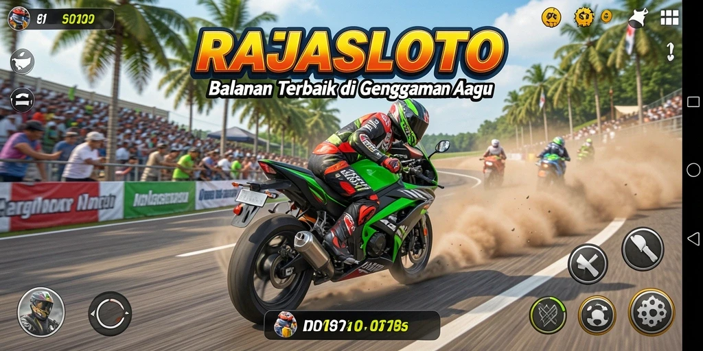 Gameplay seru RAJASLOTO dengan motor balap yang cepat dan trek menantang.